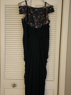 Adrianna Papell Navy Evening Gown with Nude and Navy Beaded Bodice